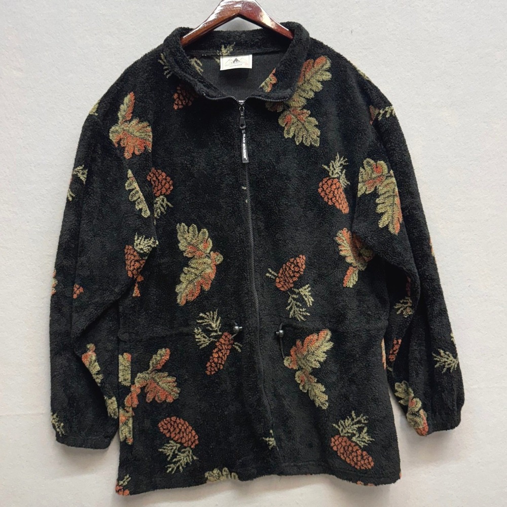 Vintage Black Mountain Outdoor Full Zip Fleece Jacket AOP Pinecone Oak Leaf M/L - Picture 8 of 8